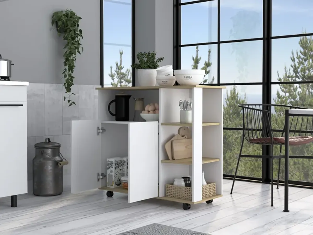 DEPOT E-SHOP St. Thomas Kitchen Cart, Four Open Shelves, Double Door Cabinet, Four Casters, Light Oak / White