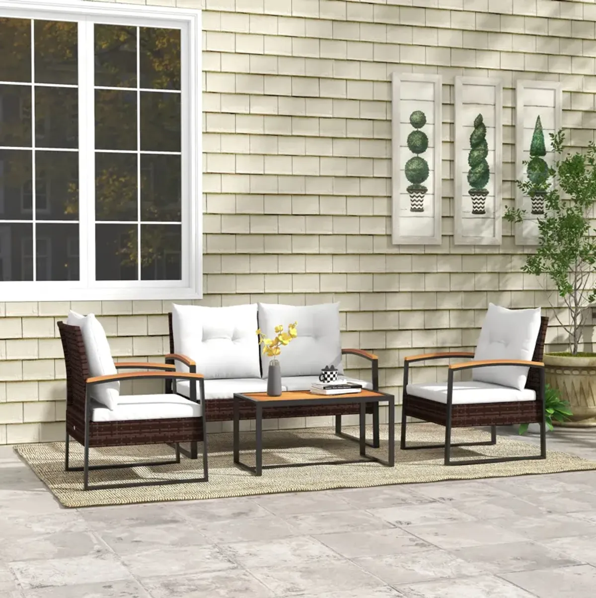 Outsunny 4 Piece Patio Furniture Set with Loveseat Sofa, 2 Chairs, and Table