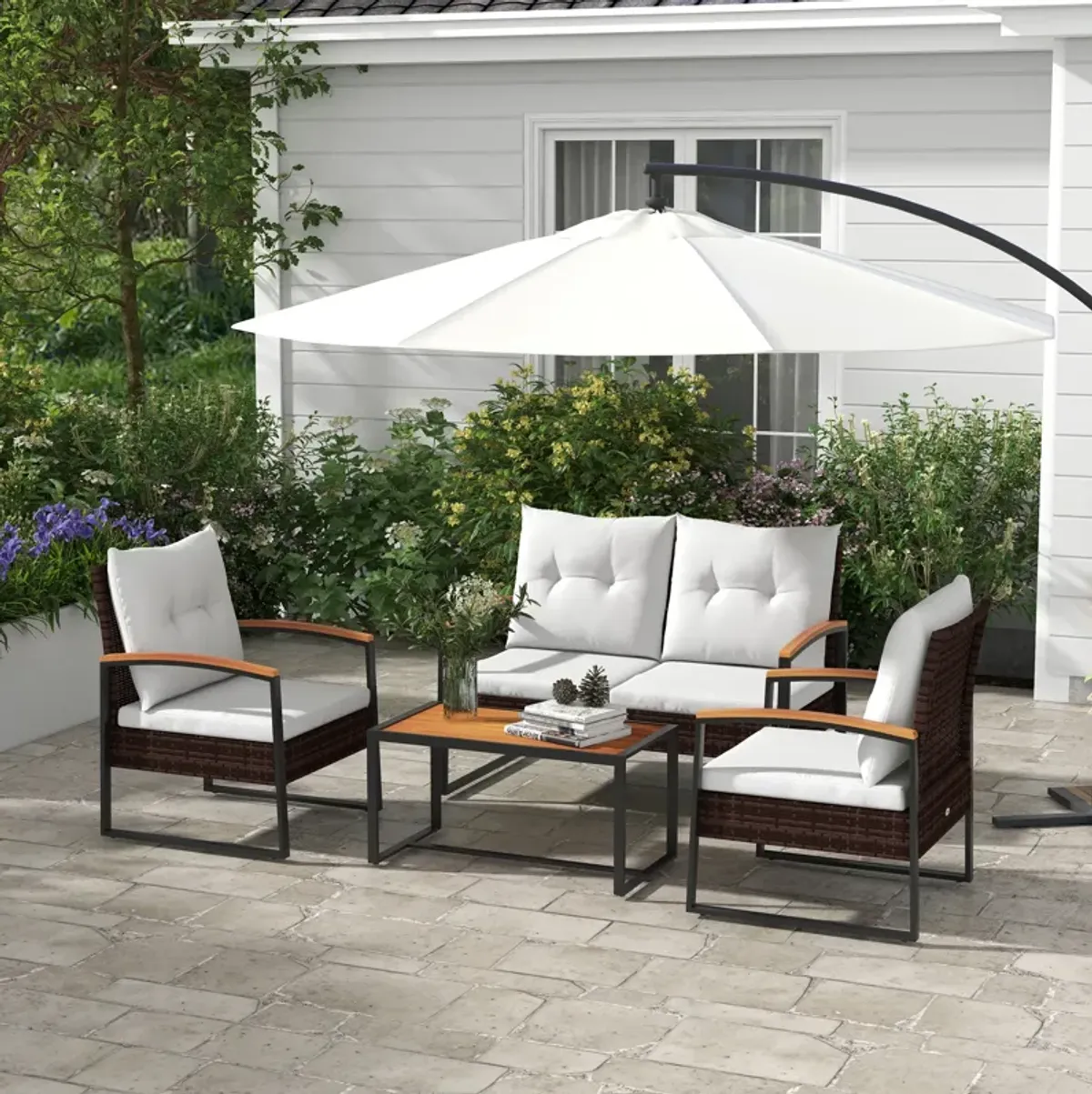 Outsunny 4 Piece Patio Furniture Set with Loveseat Sofa, 2 Chairs, and Table