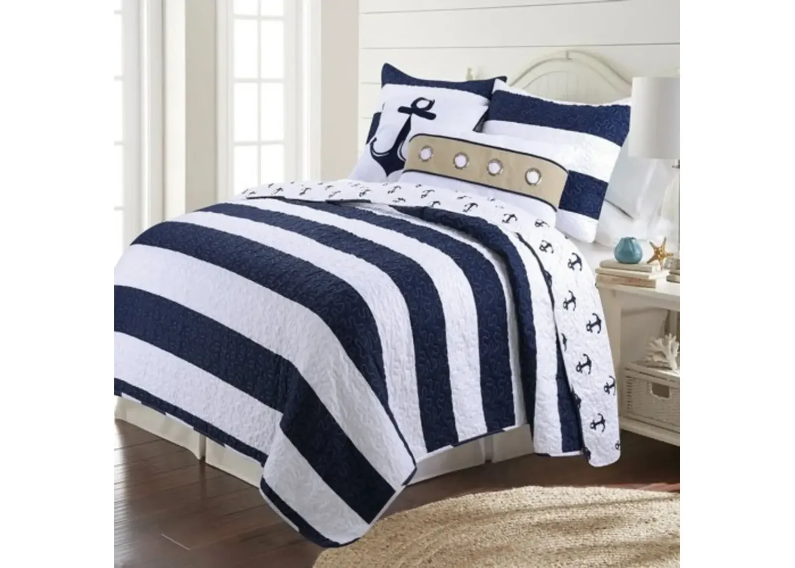 QuikFurn Nautical Striped Anchors Reversible Microfiber Quilt Set