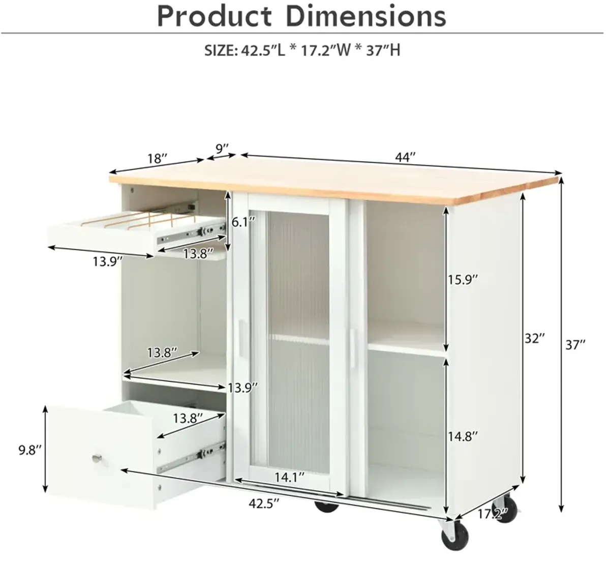 Merax Kitchen Island with Drop Leaf, LED Light Kitchen Cart on Wheels with 2 Fluted Glass Doors and 1 Flip Cabinet Door