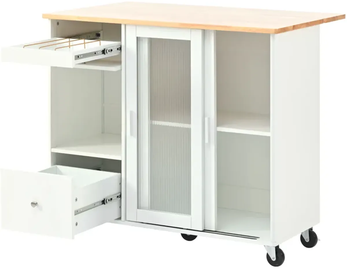 Merax Kitchen Island with Drop Leaf, LED Light Kitchen Cart on Wheels with 2 Fluted Glass Doors and 1 Flip Cabinet Door