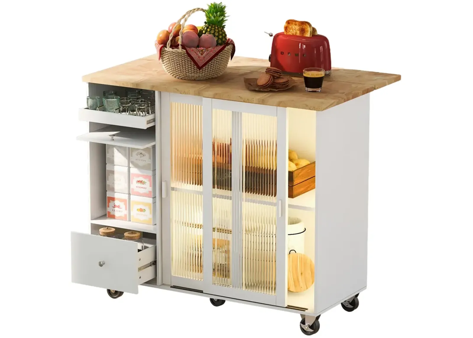 Merax Kitchen Island with Drop Leaf, LED Light Kitchen Cart on Wheels with 2 Fluted Glass Doors and 1 Flip Cabinet Door