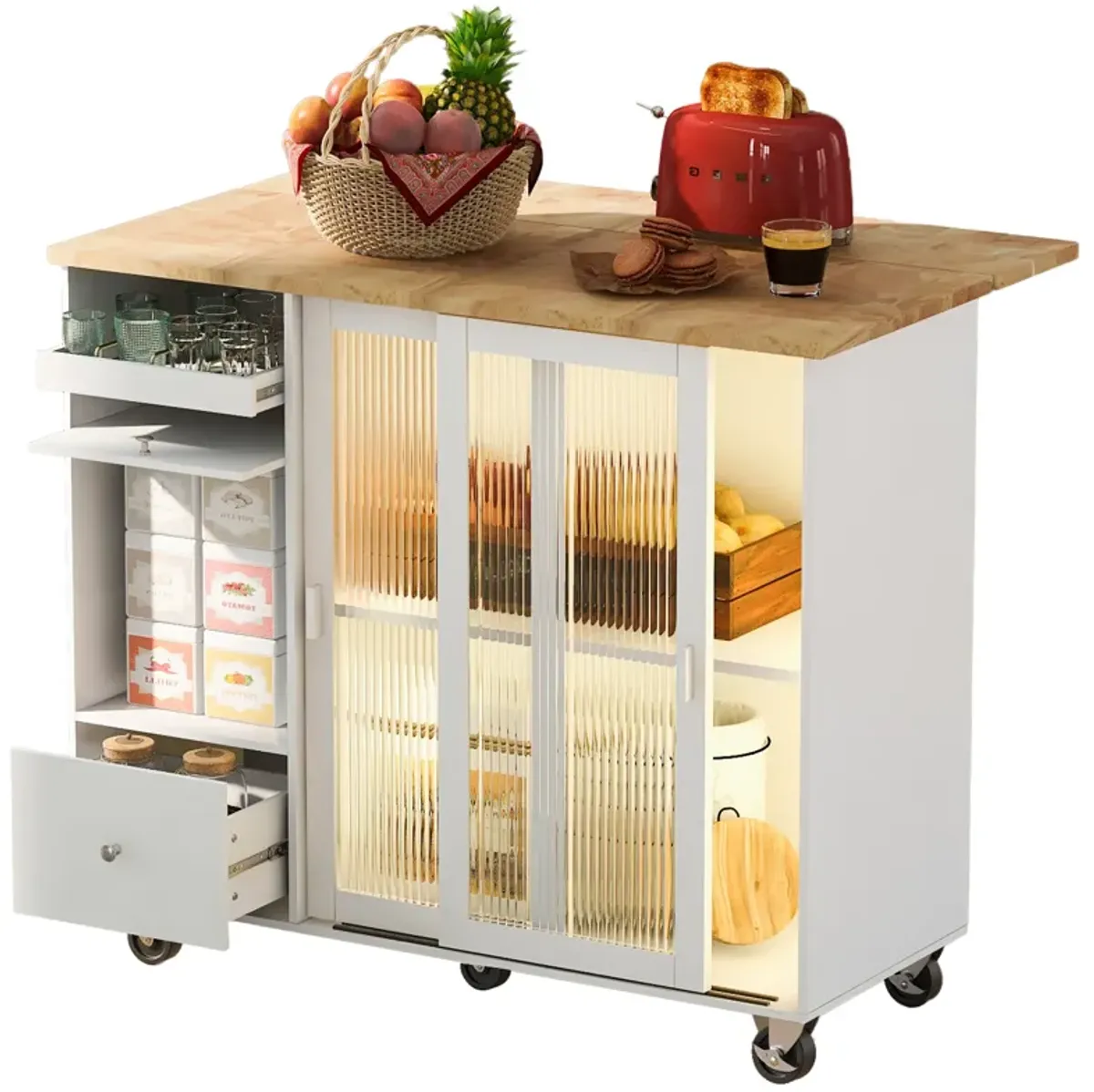 Merax Kitchen Island with Drop Leaf, LED Light Kitchen Cart on Wheels with 2 Fluted Glass Doors and 1 Flip Cabinet Door