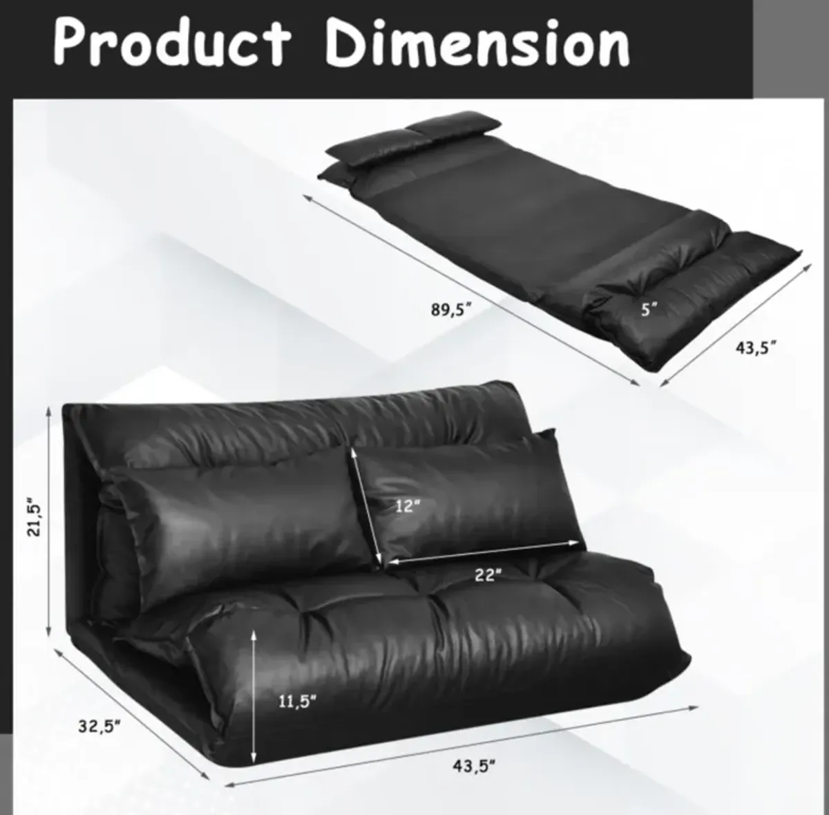 Hivvago Foldable PU Leather Leisure Floor Sofa Bed with 2 Pillows-Black