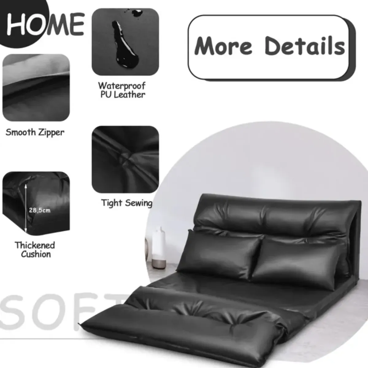 Hivvago Foldable PU Leather Leisure Floor Sofa Bed with 2 Pillows-Black