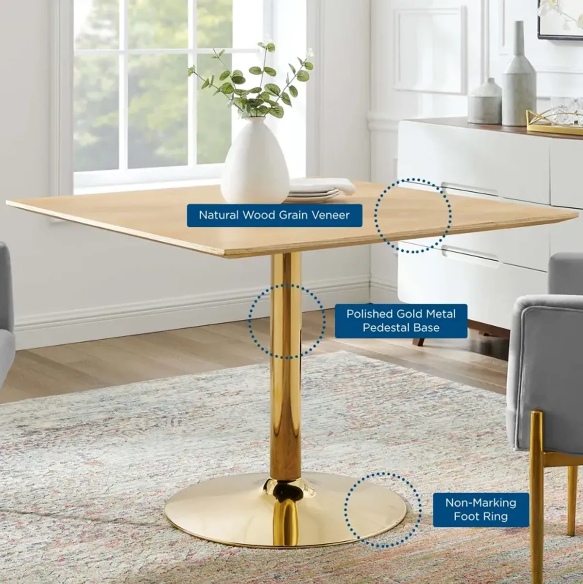 Modway - Verne 40" Square Dining Table Gold Natural