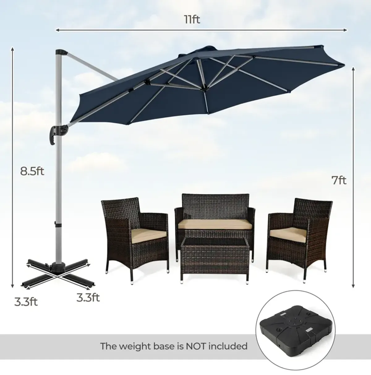 11 FT Outdoor Patio Umbrella with 360° Rotation and Adjustable Tilt for Full Sun Coverage