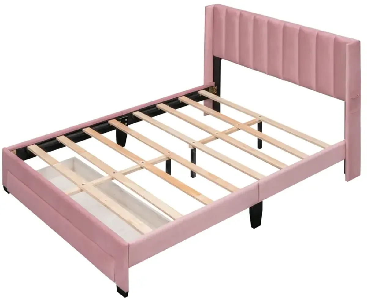 Queen Size Storage Bed Velvet Upholstered Platform Bed with a Big Drawer