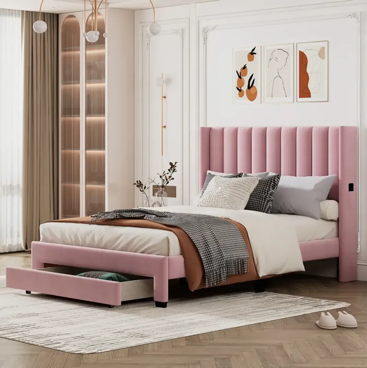 Queen Size Storage Bed Velvet Upholstered Platform Bed with a Big Drawer