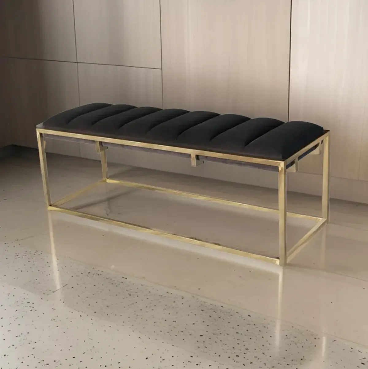 Metal Bench with Deep Vertical Channeling, Gold and Black - Benzara