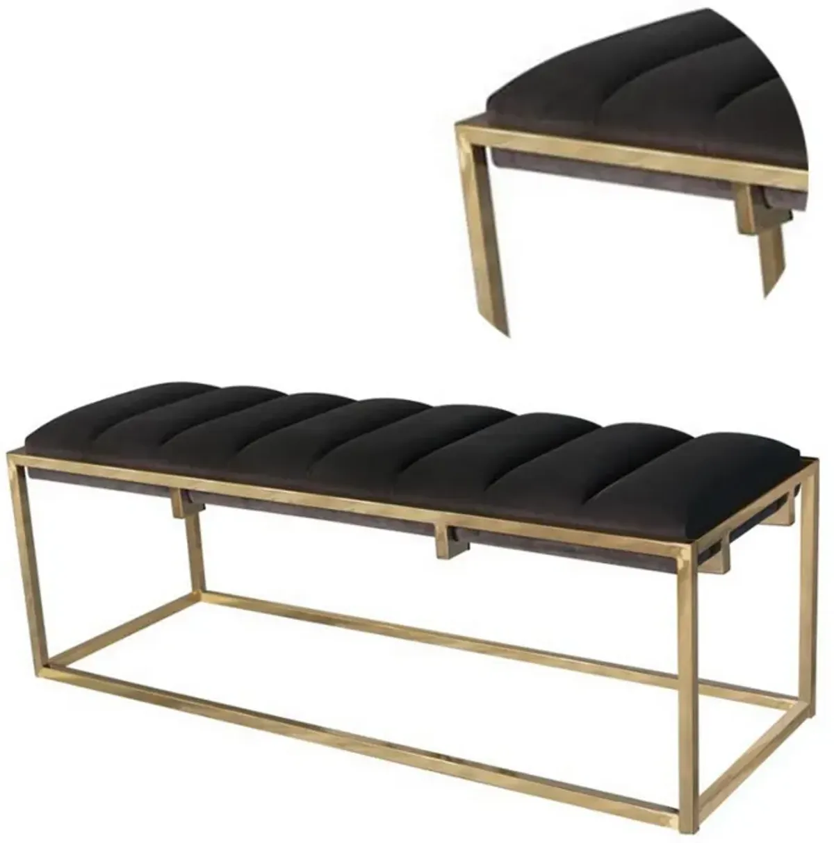 Metal Bench with Deep Vertical Channeling, Gold and Black - Benzara