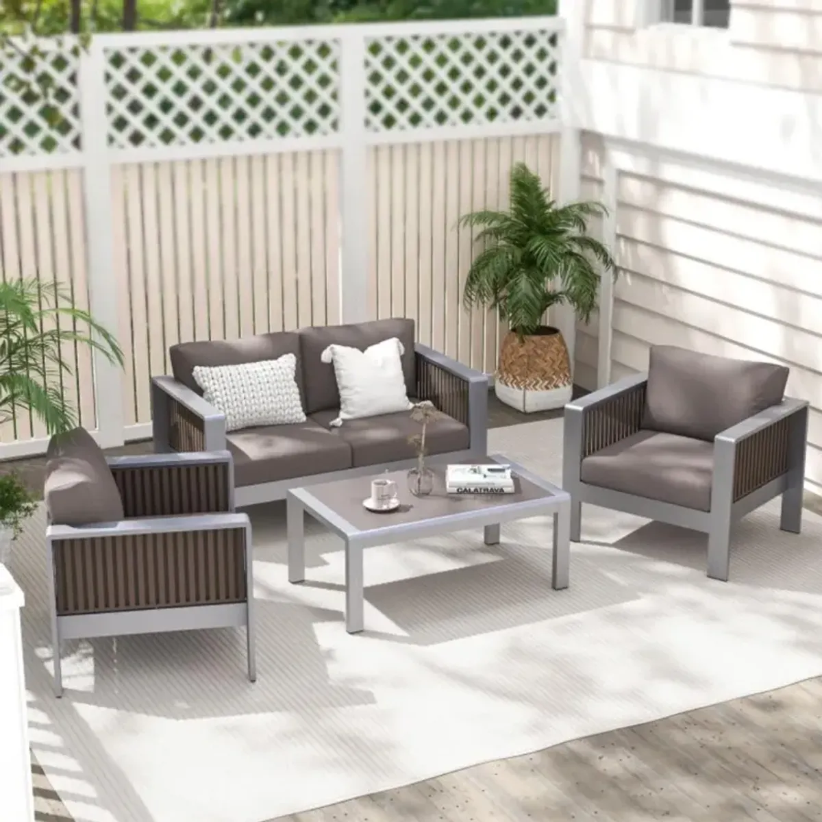 Hivvago Patio Aluminum Loveseat Sofa Outdoor Furniture Set with Thick Back and Seat Cushions