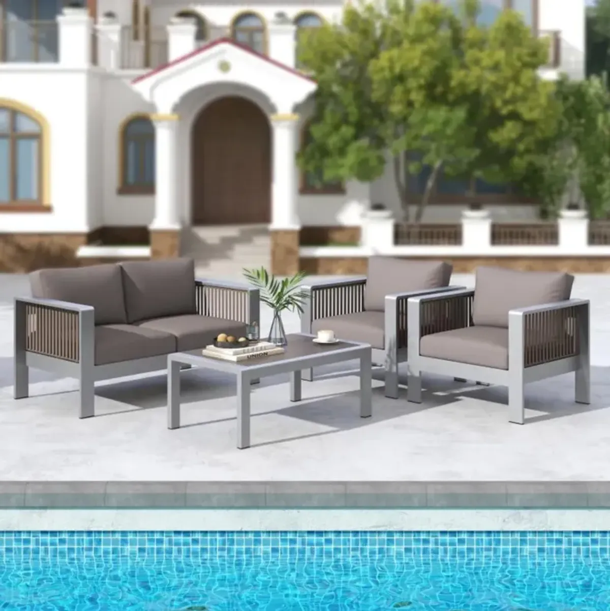 Hivvago Patio Aluminum Loveseat Sofa Outdoor Furniture Set with Thick Back and Seat Cushions