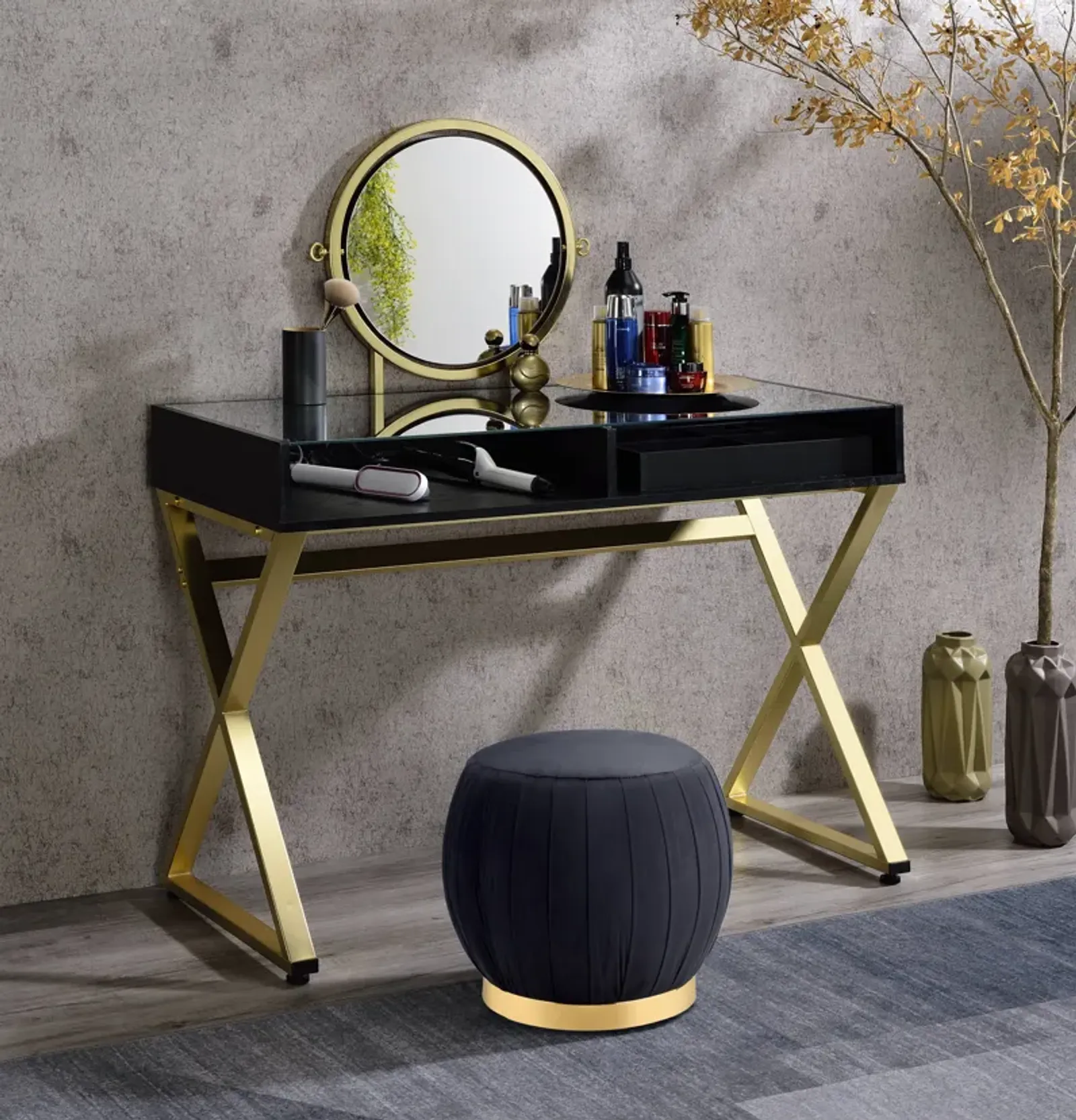 ACME Coleen Vanity Desk w/Mirror & Jewelry Tray, Black & Gold Finish