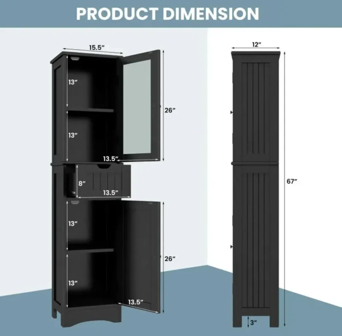 Hivvago Tall Floor Storage Cabinet with 2 Doors and 1 Drawer for Bathroom