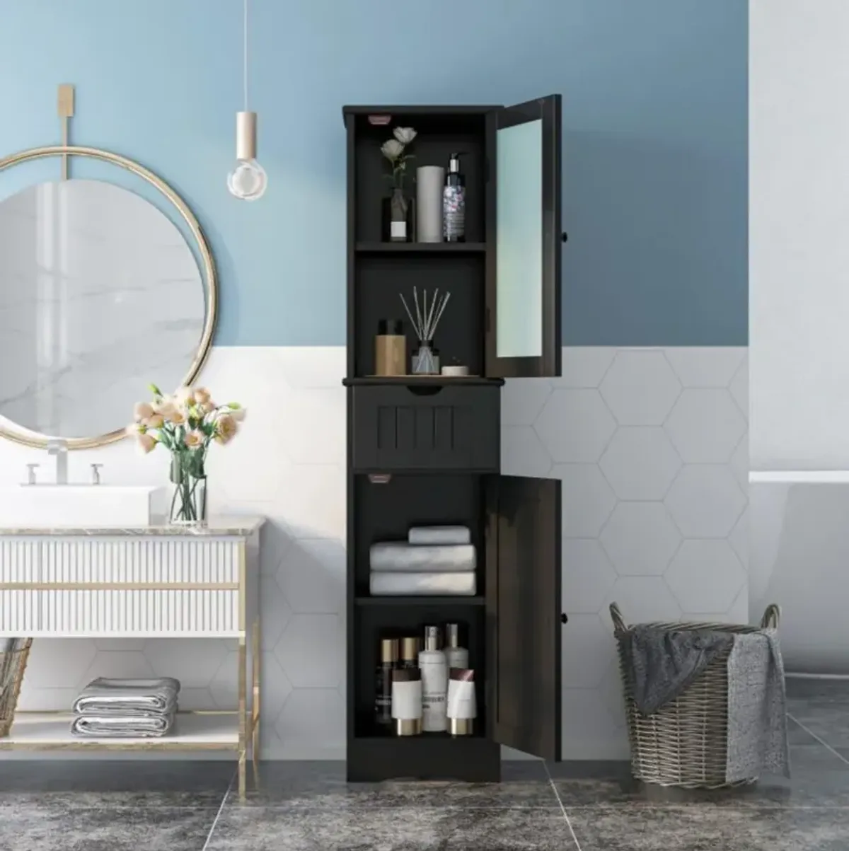 Hivvago Tall Floor Storage Cabinet with 2 Doors and 1 Drawer for Bathroom