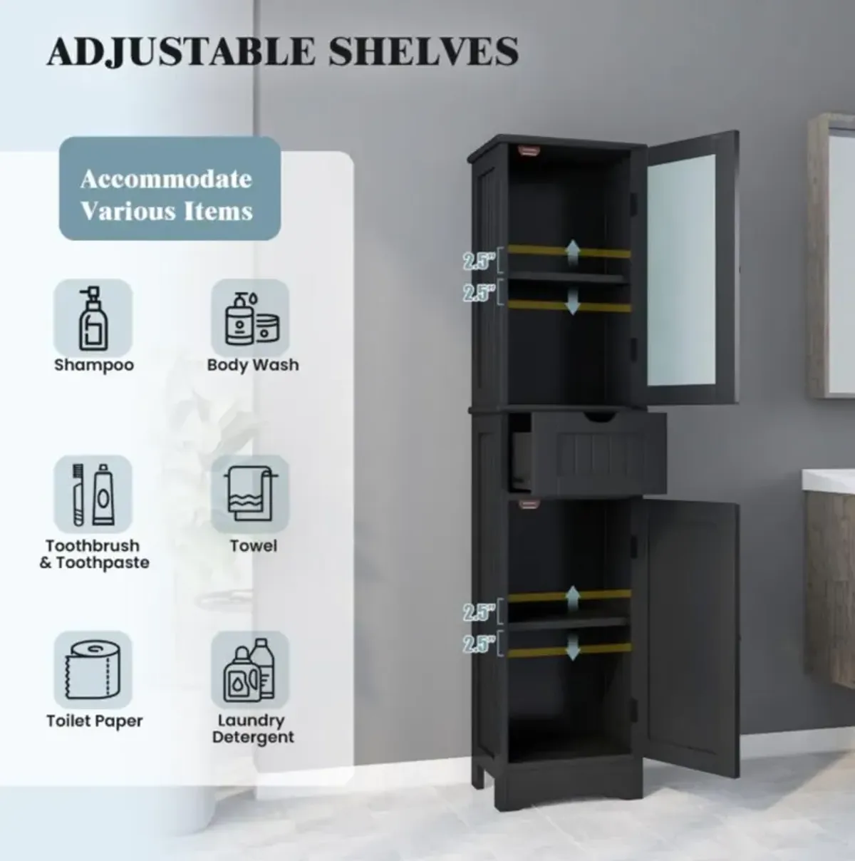 Hivvago Tall Floor Storage Cabinet with 2 Doors and 1 Drawer for Bathroom