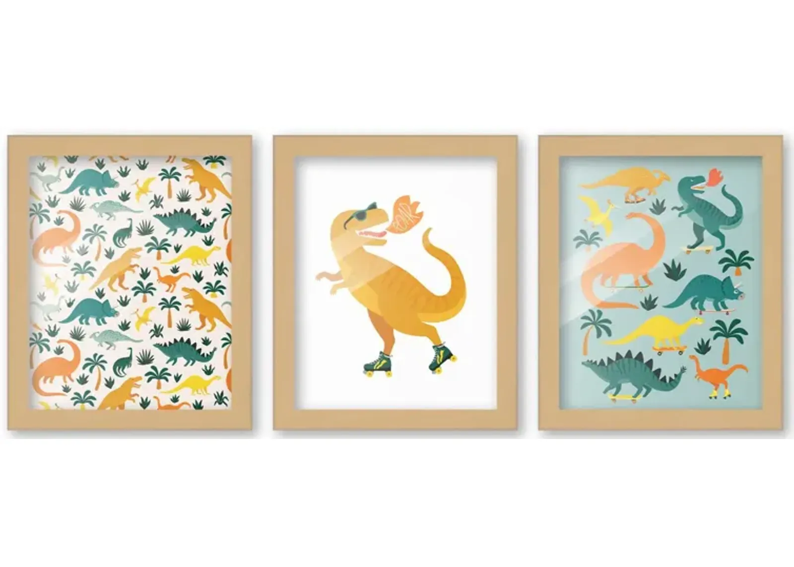 8x10 Framed Nursery Wall Art Set of 3 Hand Drawn Dinosaur Prints in Black Wood Frames