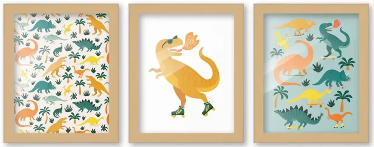 8x10 Framed Nursery Wall Art Set of 3 Hand Drawn Dinosaur Prints in Black Wood Frames