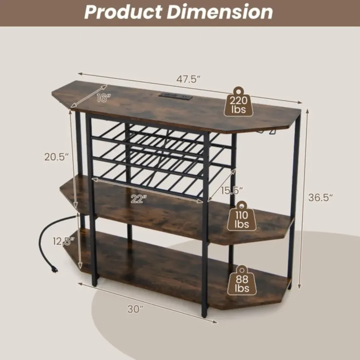 Hivvago 3-Tier Wine Bar Cabinet with Storage Shelves