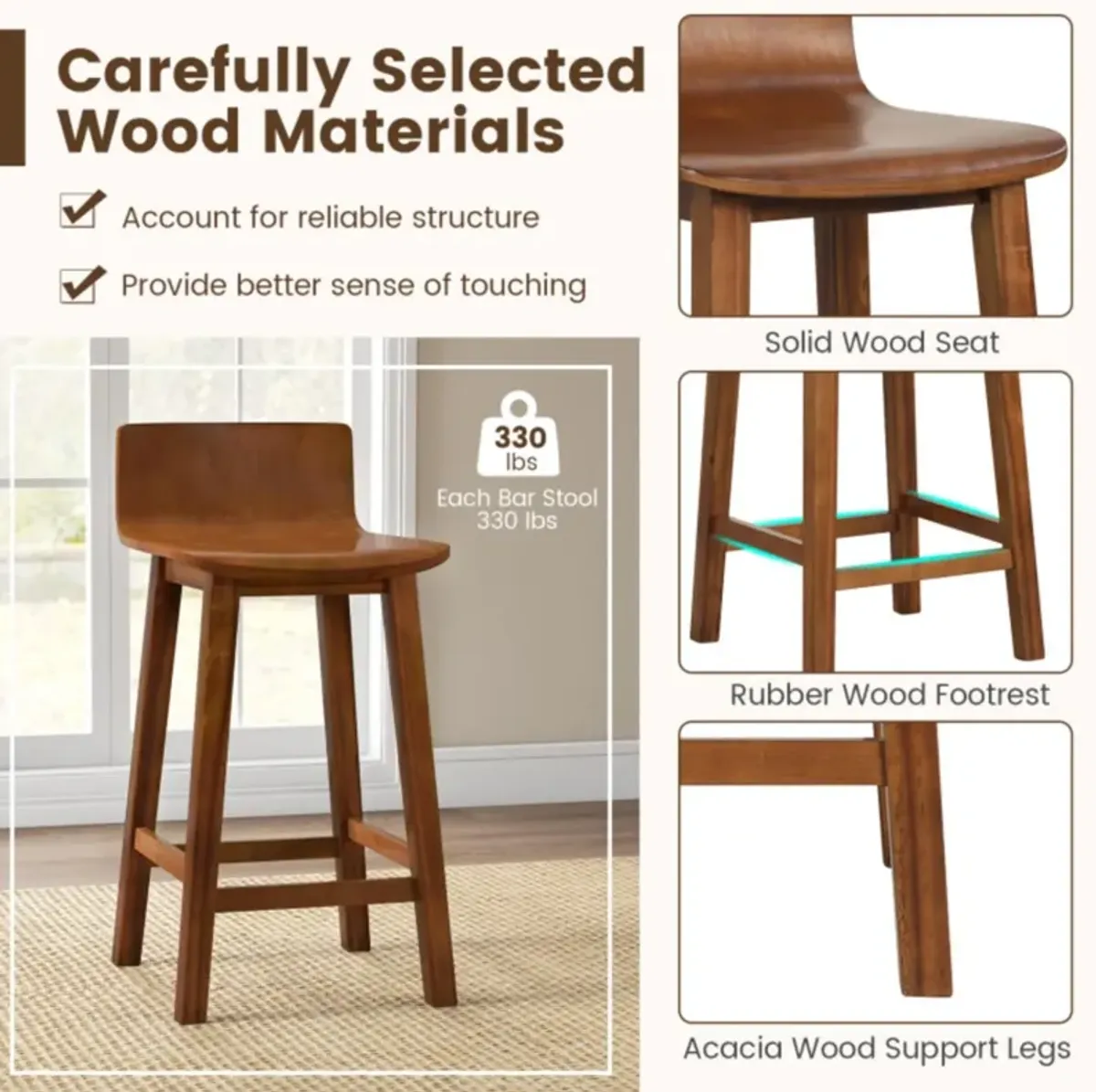 Hivvago Wood Bar Stools Set of 2 with Solid Back and Seat