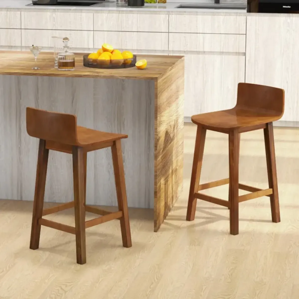 Hivvago Wood Bar Stools Set of 2 with Solid Back and Seat