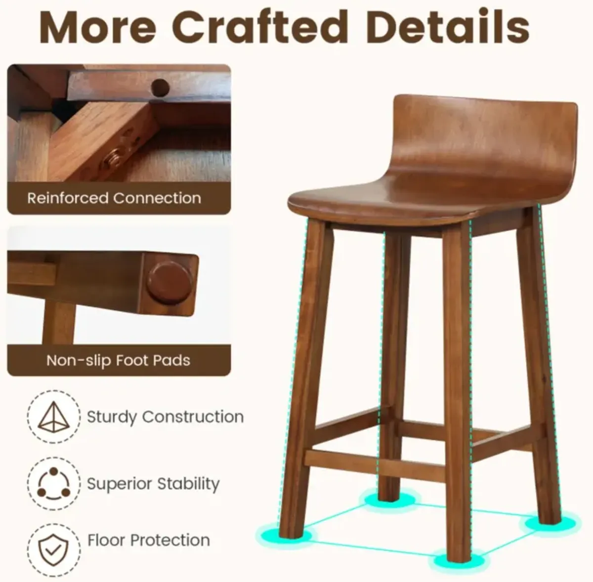 Hivvago Wood Bar Stools Set of 2 with Solid Back and Seat