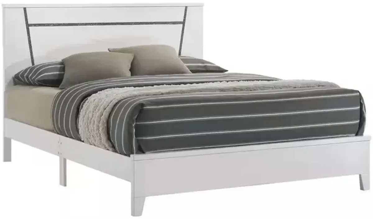 Lif High Gloss California King Bed, Glitter Filled Panel, Solid Wood, White - Benzara