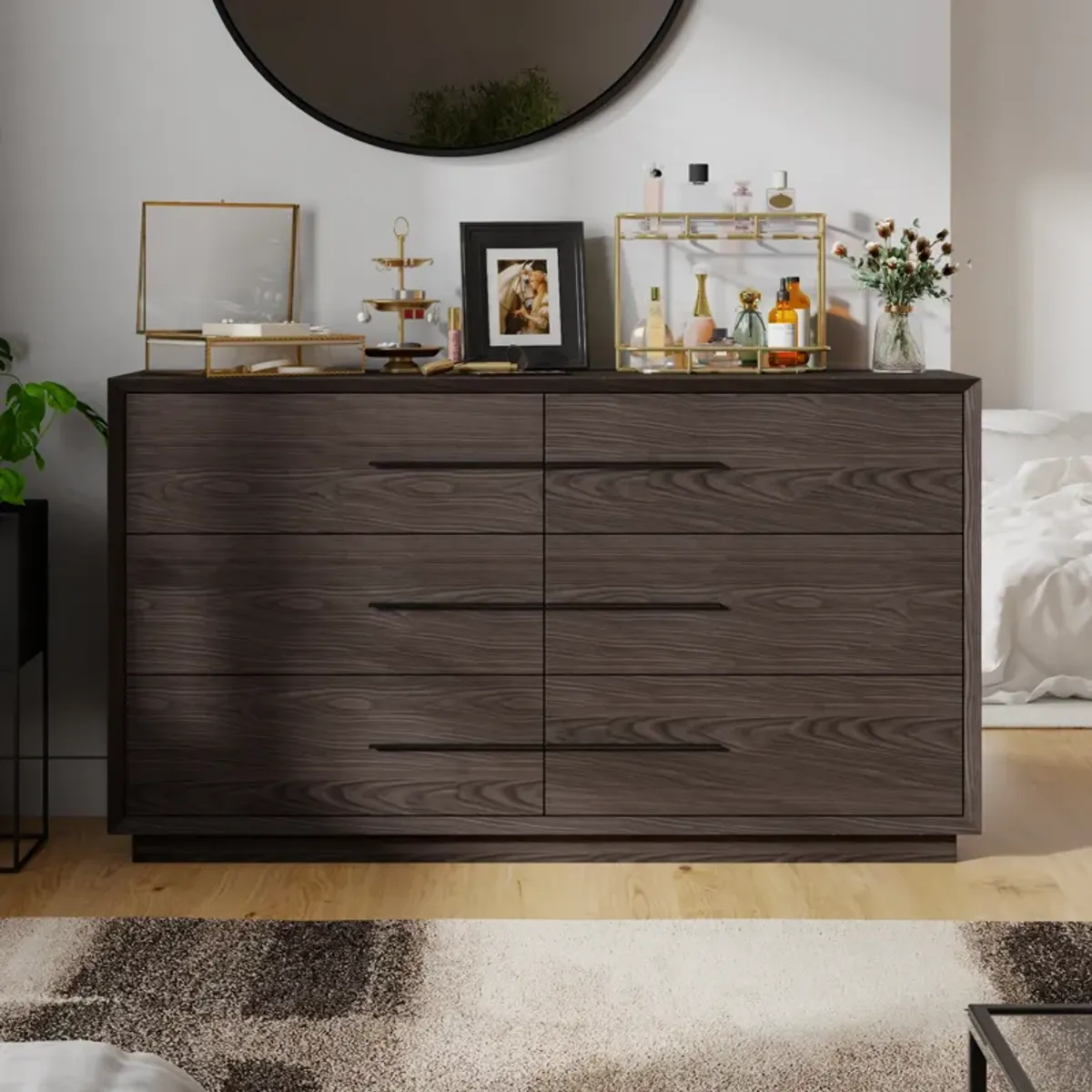FUFU&GAGA 63" Wide 6-Drawer Dresser in Wood Grain Finish, Modern Storage Chest with Metal Handles and Anti-Tip Kit, P2 MDF Construction, (35.4 in. H x 63 in. W x 17.7 in. D), Brown