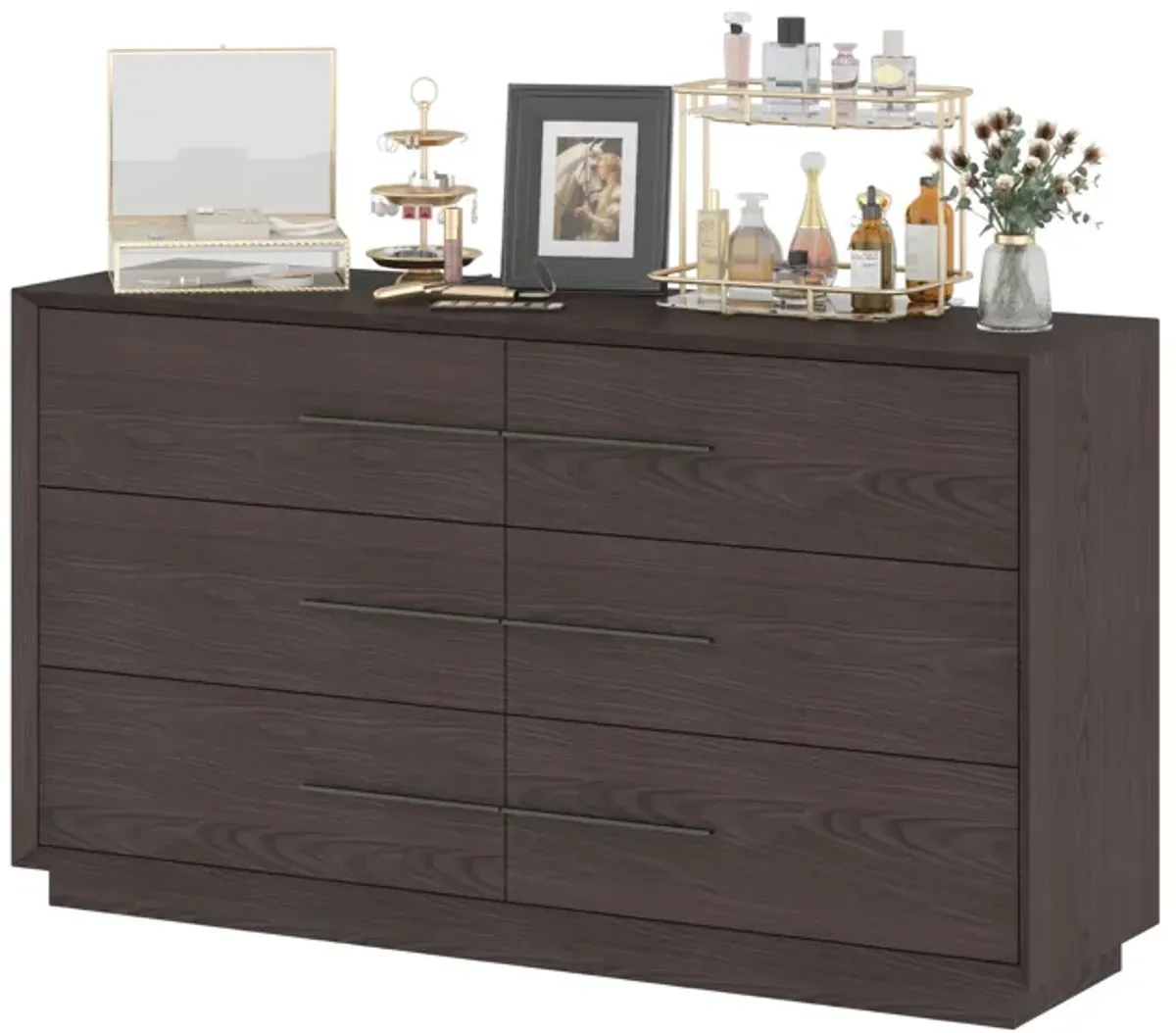 FUFU&GAGA 63" Wide 6-Drawer Dresser in Wood Grain Finish, Modern Storage Chest with Metal Handles and Anti-Tip Kit, P2 MDF Construction, (35.4 in. H x 63 in. W x 17.7 in. D), Brown
