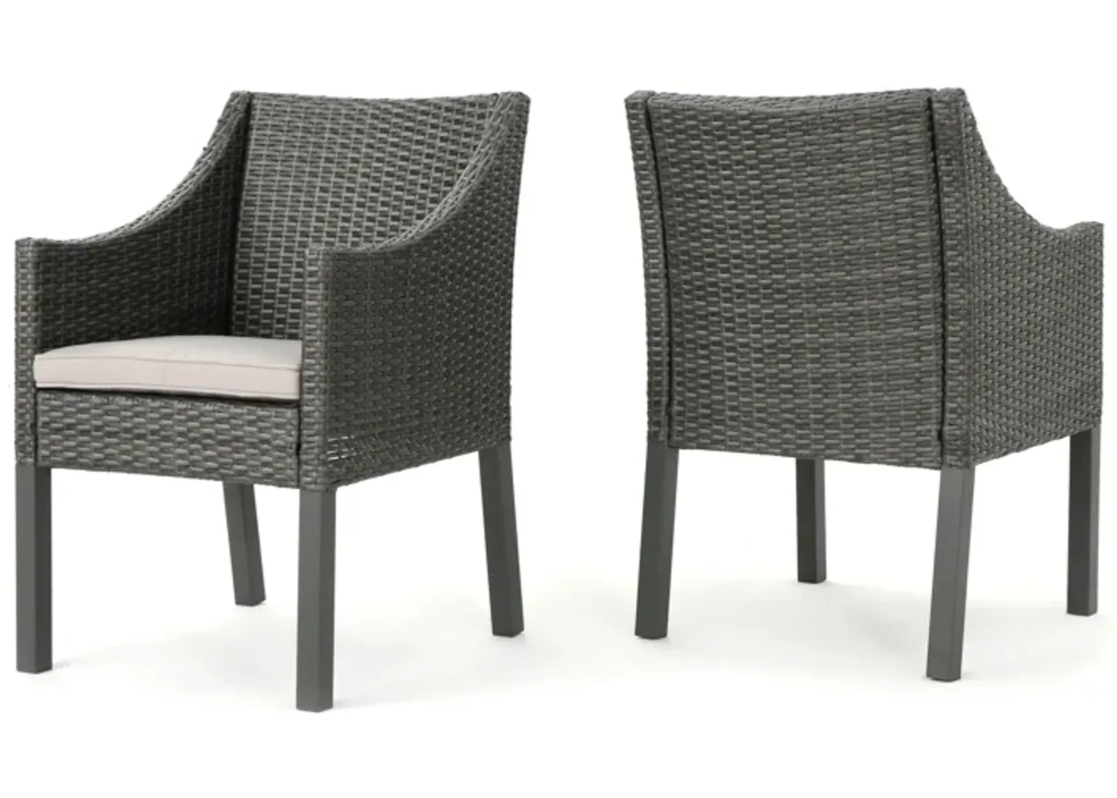 Outdoor Dining Chair, Sloped Arms, Waterproof Rattan, Gray and Silver