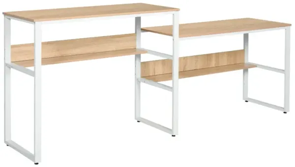 White/Natural Duo Desk: 86.5" Two-Person Workstation with Shelves