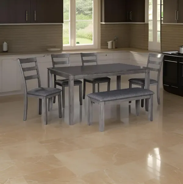 6 Piece Wooden Dining Table Set with Padded Chairs and Table, Gray - Benzara