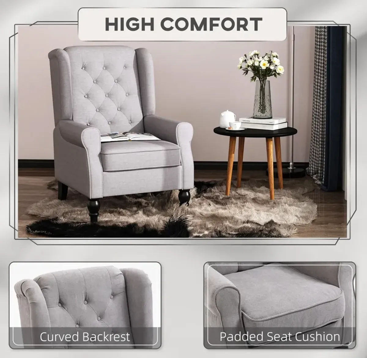 HOMCOM Button-Tufted Accent Chair with High Wingback, Rounded Cushioned Armrests and Thick Padded Seat, Grey