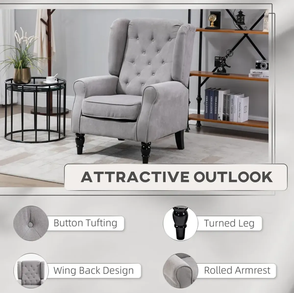 HOMCOM Button-Tufted Accent Chair with High Wingback, Rounded Cushioned Armrests and Thick Padded Seat, Grey