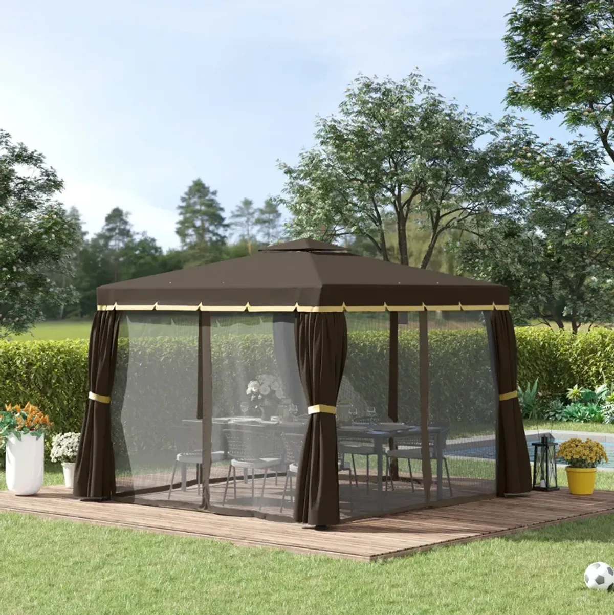 Coffee Outdoor Escape: 10x10 Double-Tier Gazebo with Netting