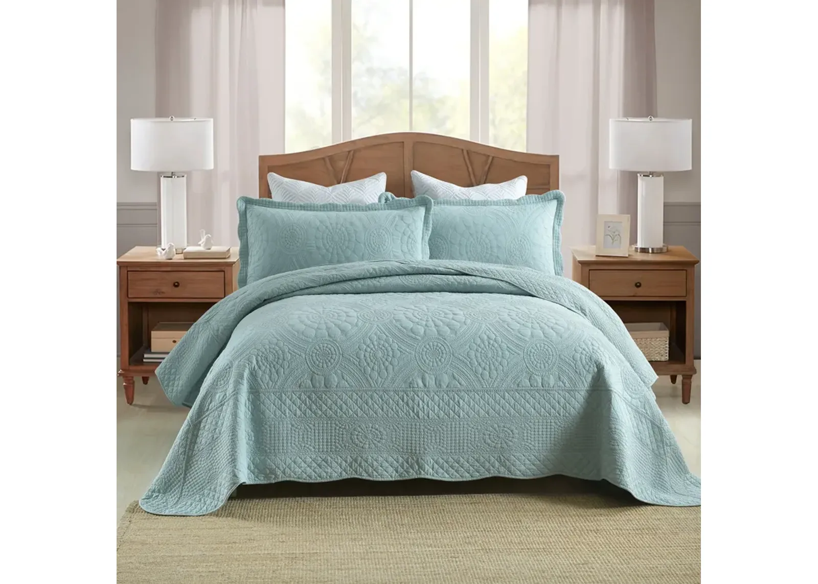 MarCielo 100% Cotton Oversized Bedspread Quilt Set Embroidery TF