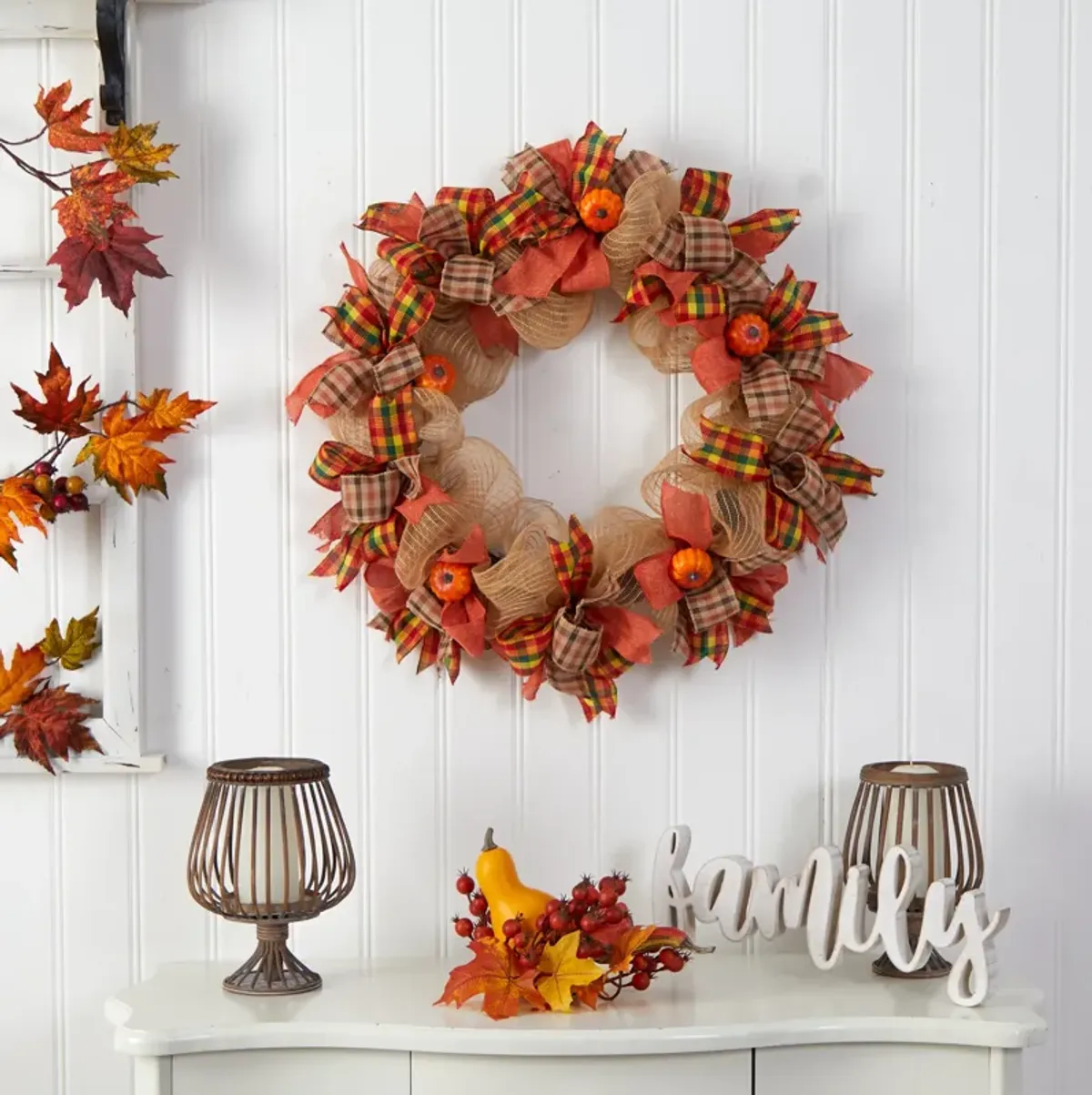 HomPlanti 30" Autumn Pumpkin with Decorative Bows Artificial Fall Wreath