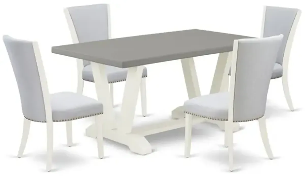 East West Furniture 5-Pc Dining Set Includes 4 Mid Century Modern Chairs with Upholstered Seat and Stylish Back-Rectangular Kitchen Table - Cement and Wirebrushed Linen White Finish