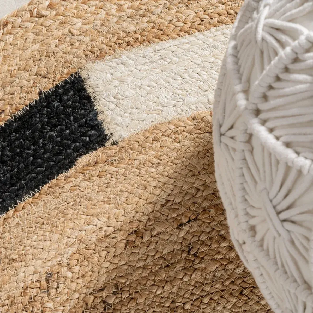 Porto Geometric Jute Circle Natural/Cream/Black Area Rug