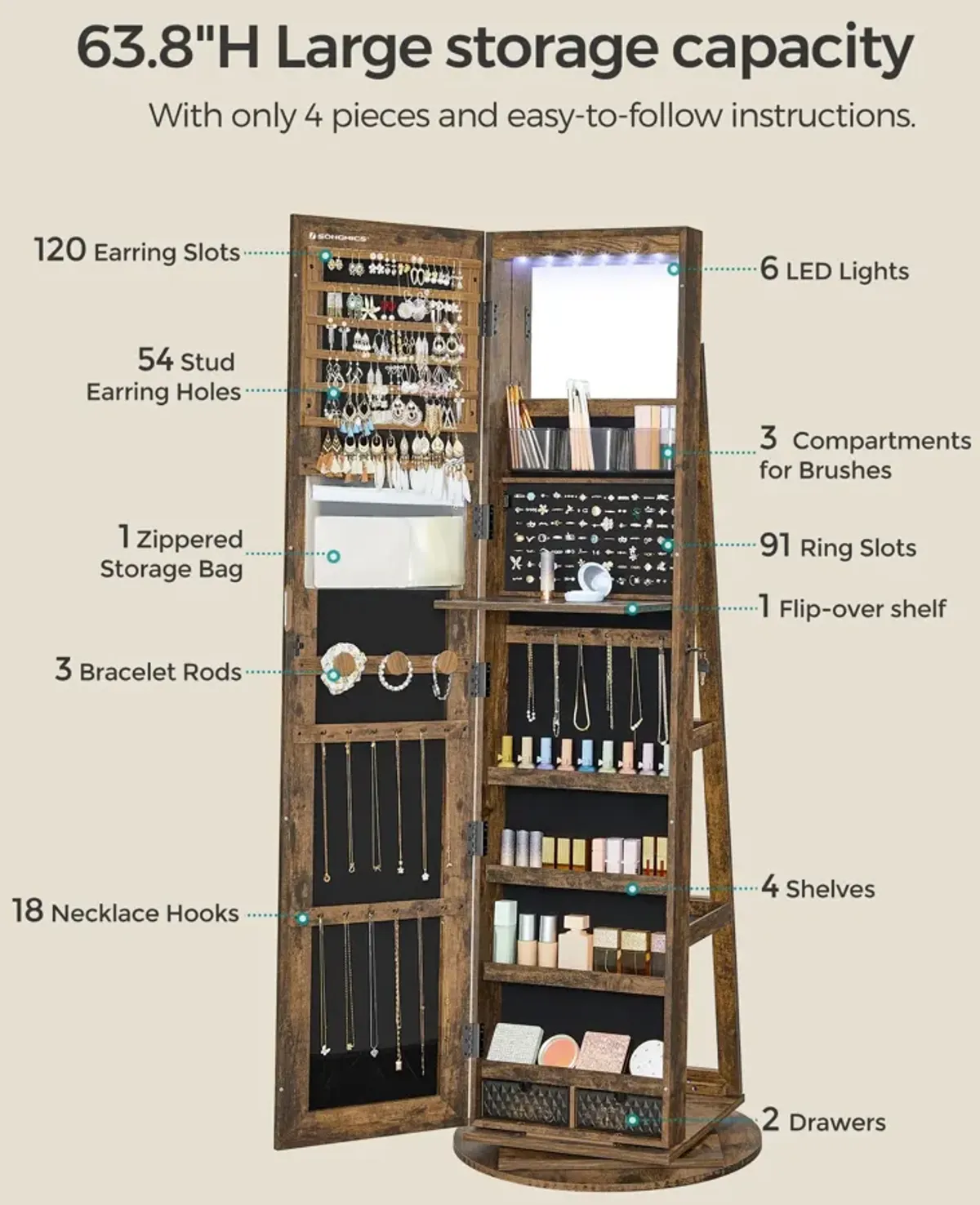 360° Swivel Lockable Jewelry Armoire with 6 LEDs, Frameless Full-Length Mirror, and 3 Storage Shelves