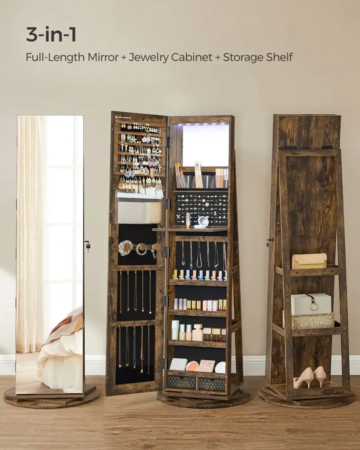 360° Swivel Lockable Jewelry Armoire with 6 LEDs, Frameless Full-Length Mirror, and 3 Storage Shelves