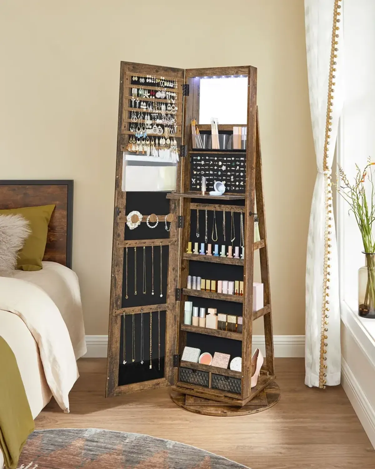 360° Swivel Lockable Jewelry Armoire with 6 LEDs, Frameless Full-Length Mirror, and 3 Storage Shelves