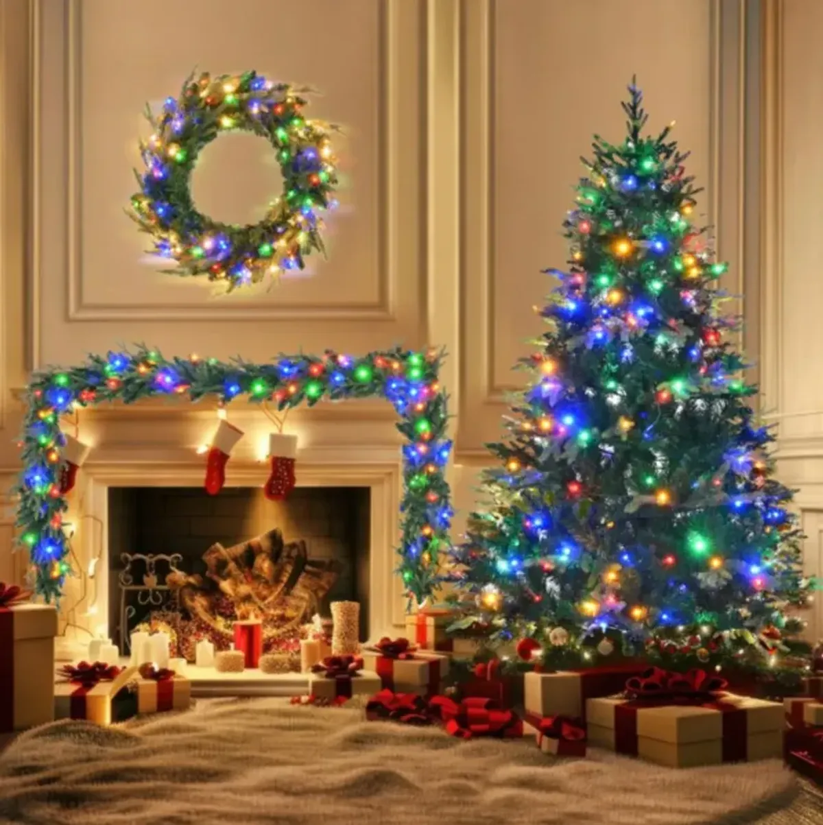 Artificial Christmas Tree with Wreath & Garland Grass Green Xmas Tree with 380 Multi-Color LED Lights