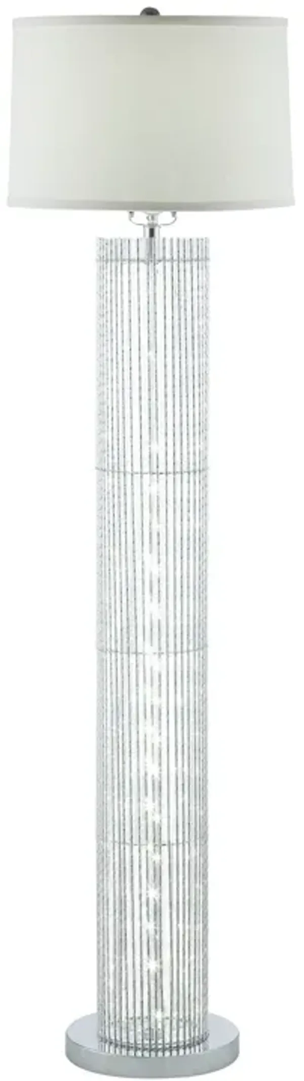 Jin 57 Inch Floor Lamp, Gray Drum Fabric Shade, Modern Round Silver Base-Benzara