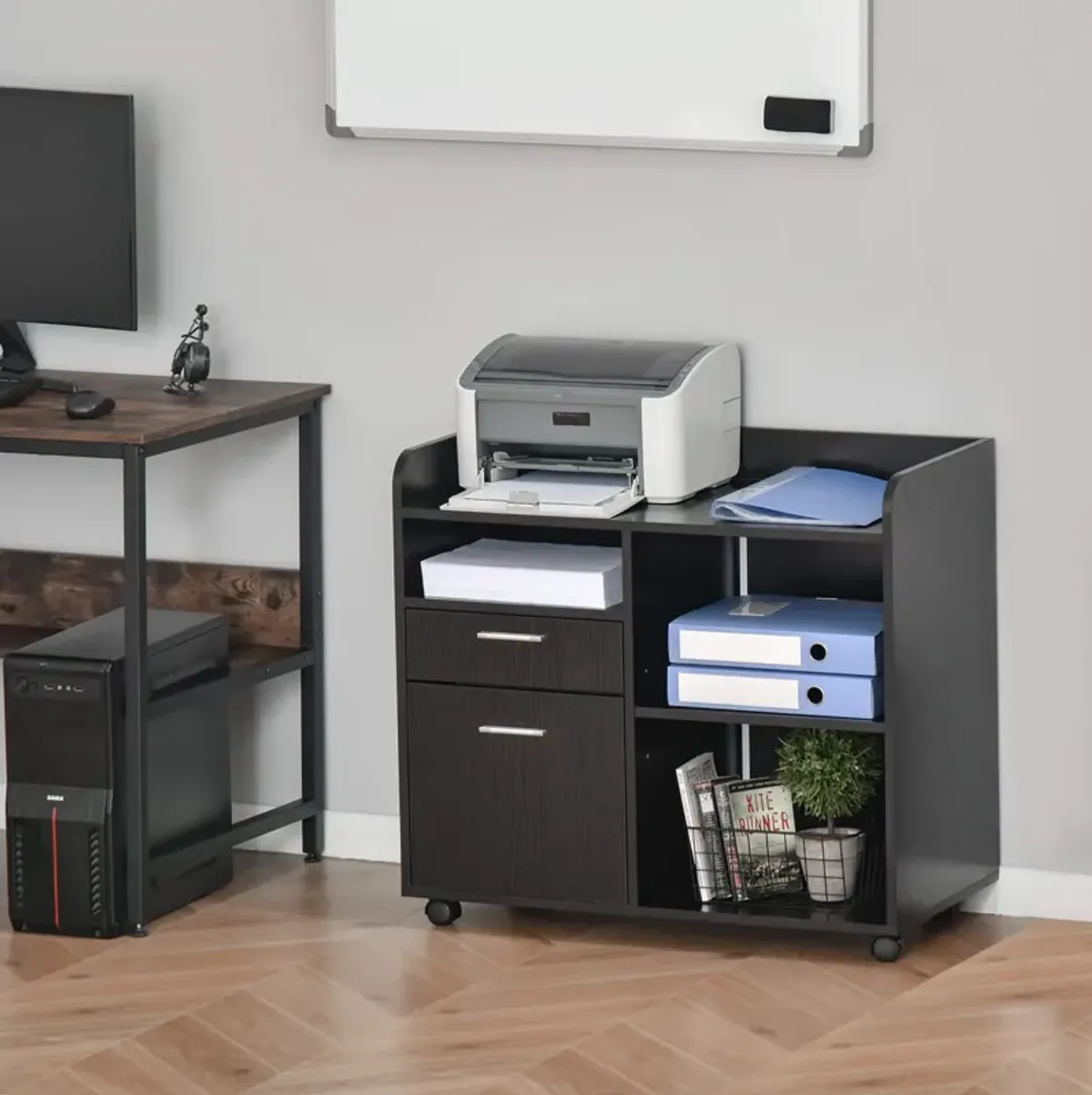 Black Home Office Helper: Mobile File Cabinet with Drawers and Shelves