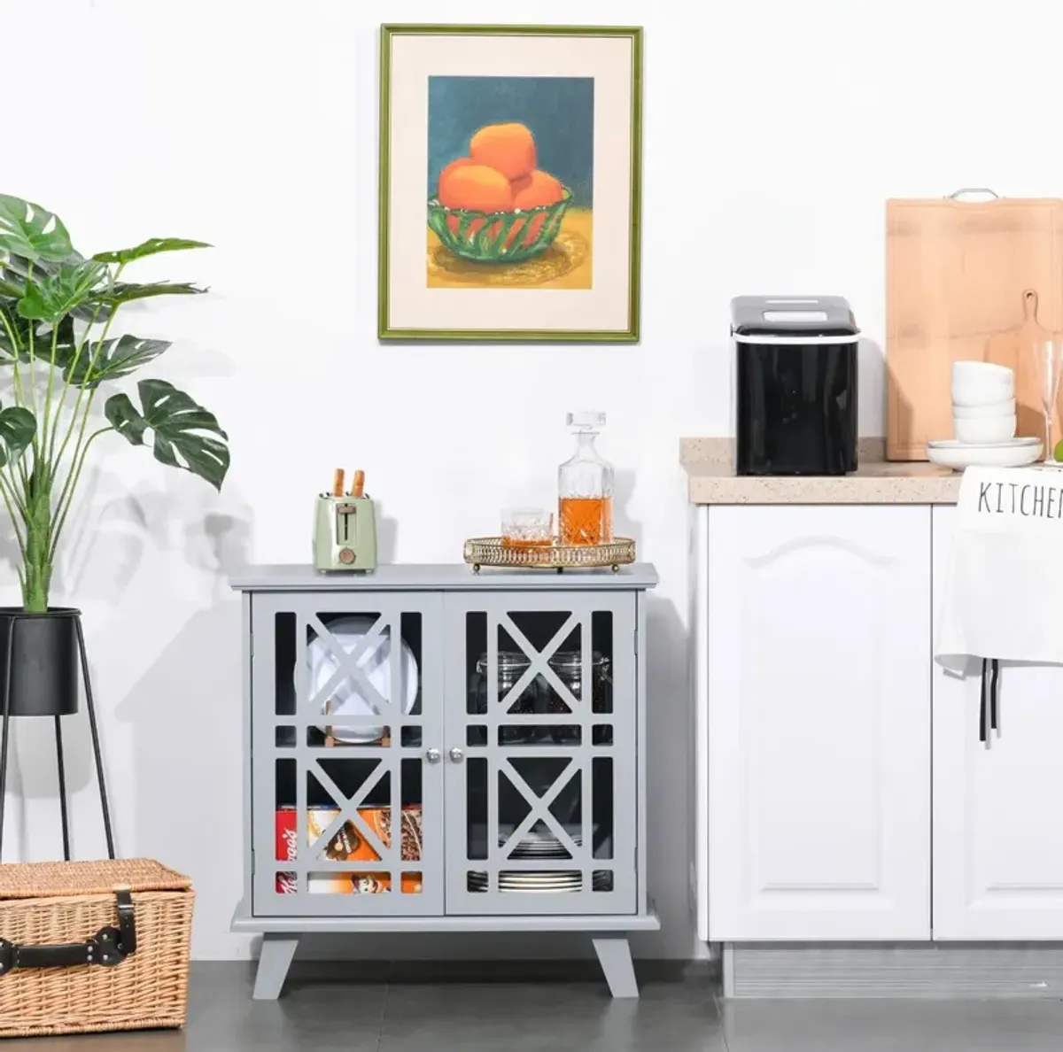 Gray Accent Storage: Sideboard with Fretwork Doors for Kitchen