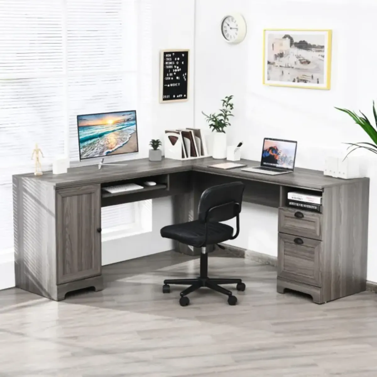 Hivvago 66 Inch L-Shaped Writing Study Workstation Computer Desk with Drawers