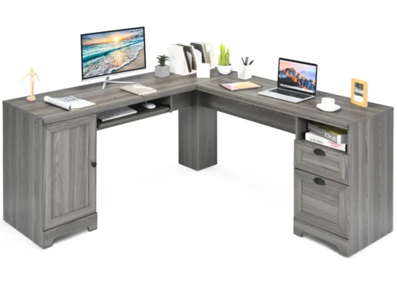 Hivvago 66 Inch L-Shaped Writing Study Workstation Computer Desk with Drawers